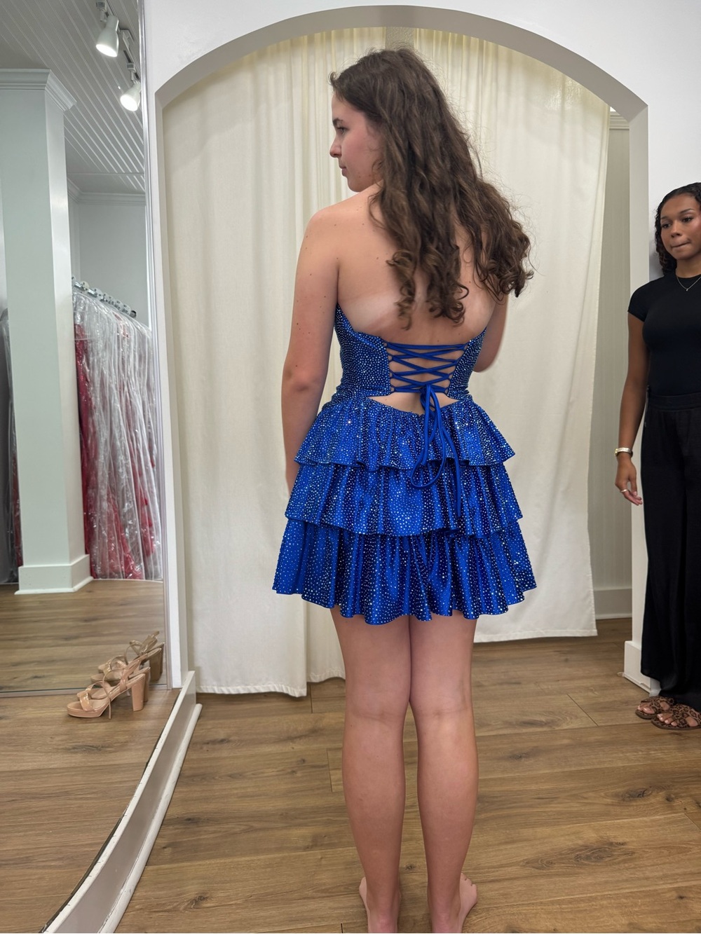 Sherri Hill Royal Blue Tiered Ruffle Mini Dress with Lace-Up Back